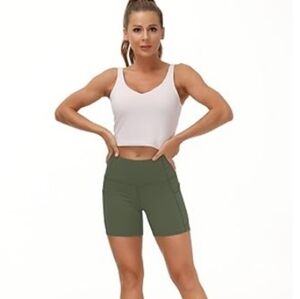 High Waist Yoga Athletic Shorts with Deep Pockets Green